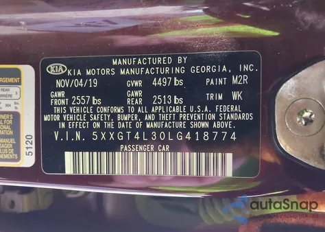 2020 Kia Optima Lx/S/Se from USA, damaged, VIN 5XXGT4L30LG418774